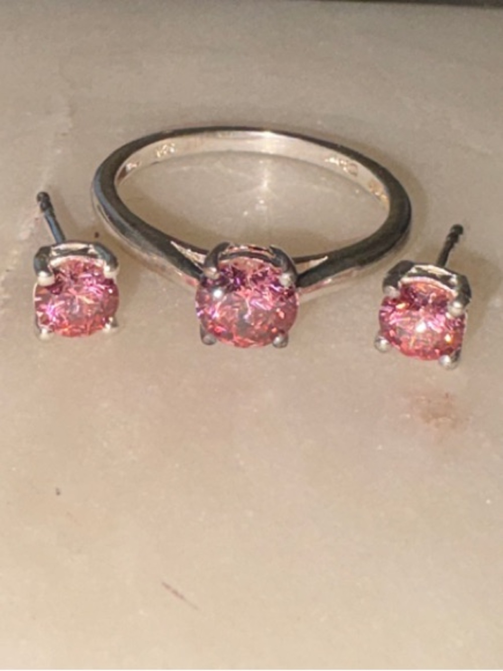 Fancy Pink Swarovski Zirconia Solitaire Ring and Stud Set